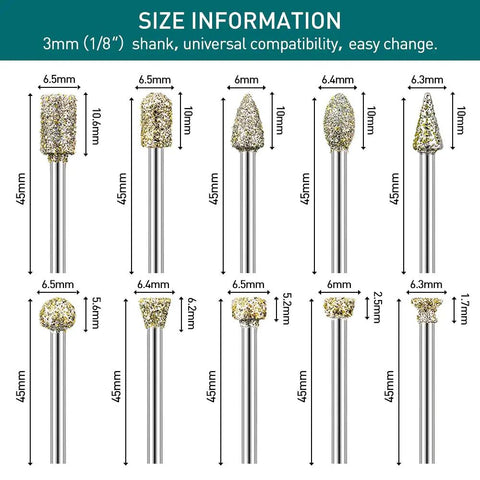 Heavy Duty Diamond Grinding Burrs And Drill Bit Set 20 Piece Rotary Tool Accessories With Standard 1/8 Inch Shank detailed size information.