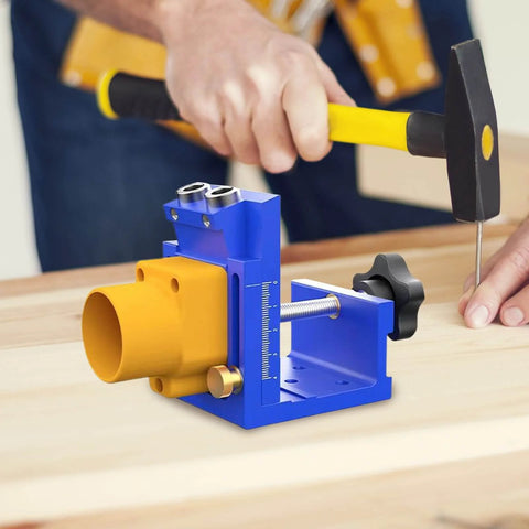 Pro Grade Pocket Hole Jig Kit With Angled Drill Guide And Dust Collection For Cabinet Installations Deck Building Desk Assembly And DIY Hobby Projects on wooden table