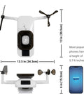 Optimus Weather Station With WiFi HD Display Solar Power Pack Lightning Detection Indoor Outdoor Temperature And Humidity Wind Speed And Direction Rainfall Measurements, with size dimensions next to a smartphone.