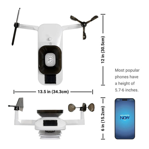 Optimus Weather Station With WiFi HD Display Solar Power Pack Lightning Detection Indoor Outdoor Temperature And Humidity Wind Speed And Direction Rainfall Measurements, with size dimensions next to a smartphone.