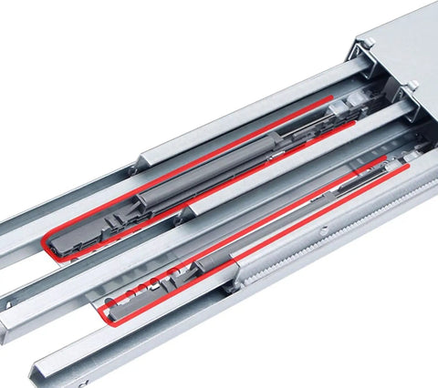 Extra Heavy Drawer Slides For Cabinets Offering Soft Closing Buffer Shock Absorption Dead Silent Cushioning showing steel mechanism.
