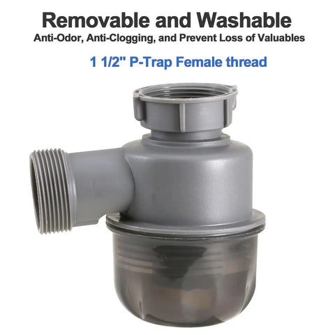 Visible One And A Half Inch P Trap Upgrade With Removable Clean Cup Drain Valve For Kitchen And Bathroom Sinks Dope Odor Blocking No Clog Easy Clean Install Fits Garbage Disposal And One And A Half Inch Pipe Connections Female Thread, featuring removable and washable design.
