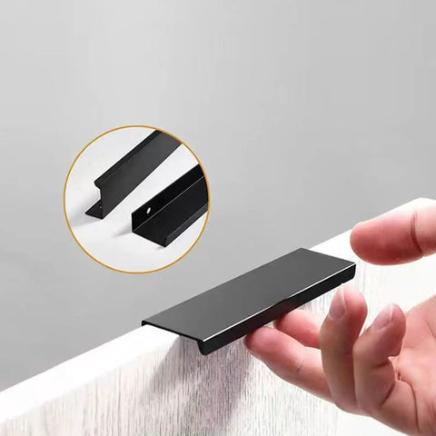10 Pack Hidden Edge Cabinet Pulls Slick Matte Black Aluminum Finger Edge Handles for kitchen and drawers installed view