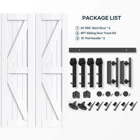 Double 24In By 84In Barn Door Kit With 8Ft Sliding Hardware And Handle Included, DIY Ready, Easy Install, Water-Resistant White K-Frame
