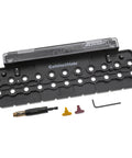 Milescraft CabinetMate shelf-pin drilling jig kit with case, drill bit, two color plugs, and hex key.