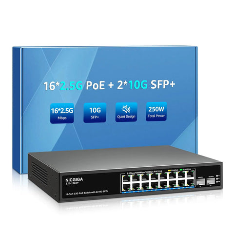 18 Port 2.5G PoE Switch Unmanaged With 16 PoE Ports And 2x 10G SFP Uplink shown with packaging