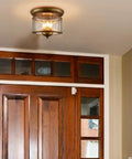 Rustic Gold 3-Light Flush Mount Ceiling Light With Clear Glass Shade, Antiqued Brass Finish, in hallway, vintage style fixture