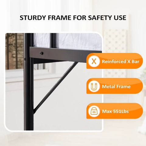 Heavy Duty Full Size Loft Bed With Solid Steel Frame And Flat Rungs For Teens And Adults Built Extra Tough For Years Of Chill Vibes Four Hundred Forty Pound Weight Limit No Box Spring Needed Sleek Black Space Saver showcasing sturdy metal frame with reinforced X bar.