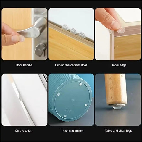 Bulk 1000 Pack Silicone No Slip Pads For Drawers And Cabinets, 10x2mm, on various surfaces including door, cabinet, and table leg.