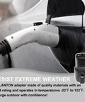 Rugged SAE J1772 To Tesla Charging Adapter 60 Amp 250V AC Electric Vehicle Plug And Play in rain for outdoor use.