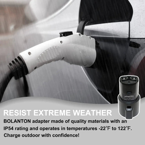 Rugged SAE J1772 To Tesla Charging Adapter 60 Amp 250V AC Electric Vehicle Plug And Play in rain for outdoor use.