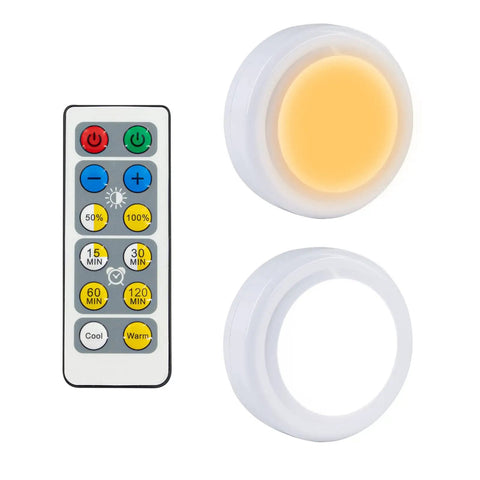 Two Pack Battery Operated LED Light Bulbs With Remote Control, Dimmable Timer, E26 Screw In Puck Lights On White Background
