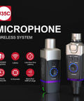 Plug-On Wireless XLR System For Condenser Microphones, 5.8GHz Band, Auto Channel Scan; two units with control buttons.