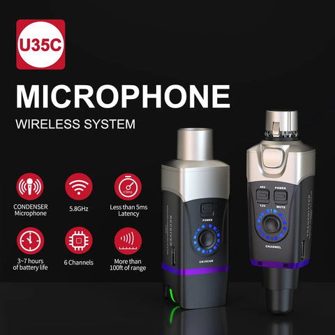 Plug-On Wireless XLR System For Condenser Microphones, 5.8GHz Band, Auto Channel Scan; two units with control buttons.