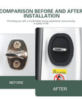 Comparison of car door latch before and after installation of Extra Thick Silicone Car Door Latch Covers 4 Pack Self Stick Shock Absorbing Pad.