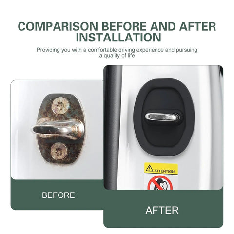Comparison of car door latch before and after installation of Extra Thick Silicone Car Door Latch Covers 4 Pack Self Stick Shock Absorbing Pad.