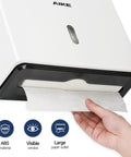 Heavy Duty 200 Sheet Multifold Paper Towel Dispenser With Easy No Drill Wall Mount Premium Abs Plastic White Build showing large paper outlet.