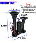 Heavy Duty 12V Dual Trumpet Air Horn Kit With Compressor Pump dimensions displayed, measuring 8.46in x 6.10in with black ABS components.