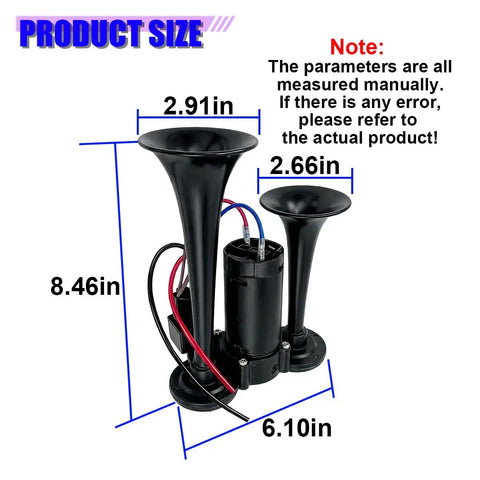 Heavy Duty 12V Dual Trumpet Air Horn Kit With Compressor Pump dimensions displayed, measuring 8.46in x 6.10in with black ABS components.
