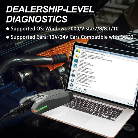 FS USB OBD2 Car Diagnostic Tool Code Reader For FORScan Adapter connected to laptop near car engine