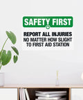 Warning Sign Report All Injuries No Matter How Small For First Aid Aluminum Safety Plaque Industrial Wall Decor in living room setting