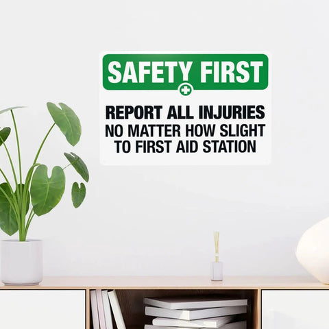 Warning Sign Report All Injuries No Matter How Small For First Aid Aluminum Safety Plaque Industrial Wall Decor in living room setting