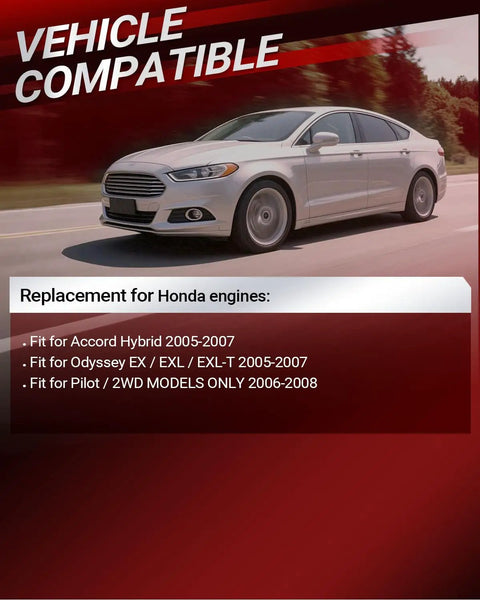 Image showing a silver car on a road with text about compatibility for Honda Accord Hybrid 2005-2007, Odyssey, and Pilot 2006-2008.