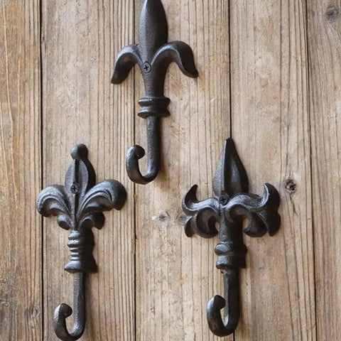 Top Shelf Single Piece Heavy Duty Cast Iron Wall Hook With Screws Vintage Coat Hanger Organizer For Scarves Bags Towels Keys Cap Rustproof Badass Home Decor Accessory on wooden background.