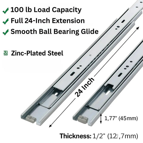 Pack Of 10 24 Inch Ball Bearing Full Extension Drawer Slides Zinc 100 Lb Capacity Quiet Smooth Glide Heavy Duty Rails