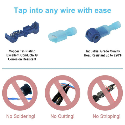 Illustration of 60 Pcs 30 Pairs Quick Splice Wire Terminals T Tap Self Stripping No Cut No Strip Nylon Fully Insulated Disconnects.