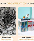 Before and after image of storage organization using a clear zippered organizer bag with reinforced handles for books and DVDs