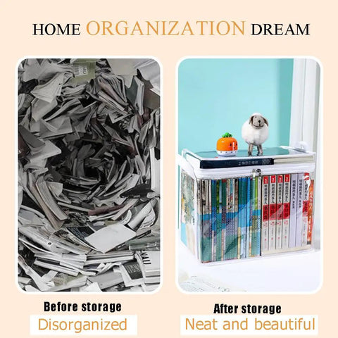 Before and after image of storage organization using a clear zippered organizer bag with reinforced handles for books and DVDs