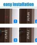 Two Pack Sliding Door Keepers For Glass Doors, Half Inch Door Lock Keepers, Zinc Alloy Construction For Corrosion Resistant Use, Easy installation steps shown on a door frame.