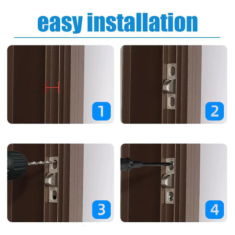 Two Pack Sliding Door Keepers For Glass Doors, Half Inch Door Lock Keepers, Zinc Alloy Construction For Corrosion Resistant Use, Easy installation steps shown on a door frame.