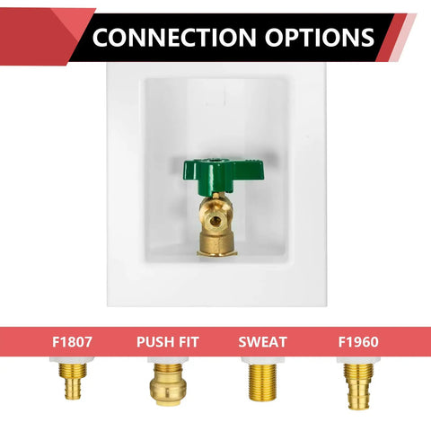 Push Fit Ice Maker Outlet Box With 1/2 Inlet, connection options displayed, including push fit, sweat, and F1960 fittings.
