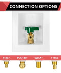 Preassembled Pex Ice Maker Outlet Box With One Half Inch Crimp Inlet And Quarter Turn Ball Valve shown with connection options