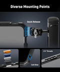 Close-up of diverse mounting points on Phone Cage Rig for iPhone 17 Pro Max With Quick Release Stabilizer Kit and Cold Shoe