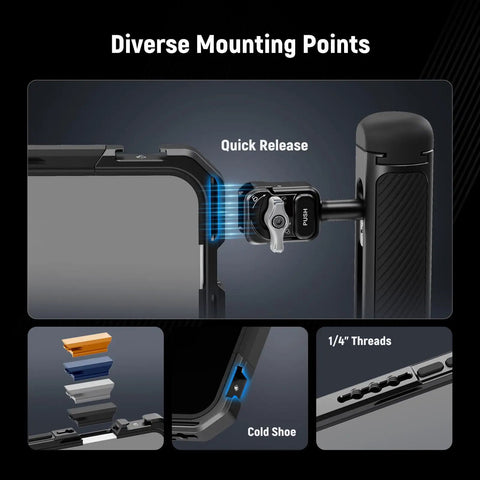 Close-up of diverse mounting points on Phone Cage Rig for iPhone 17 Pro Max With Quick Release Stabilizer Kit and Cold Shoe
