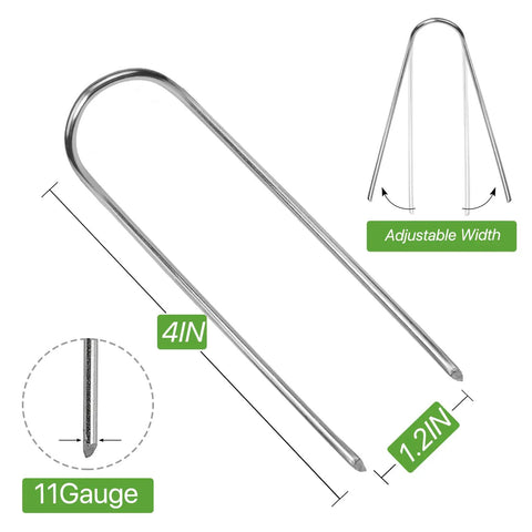 Dimensions and features of 4 Inch 40 Pack 11 Gauge U Shape Garden Stakes Set For Drip Irrigation Lines And Tubing Hoses Heavy Duty Galvanized Landscape Staples For Lawns Weed Barriers Landscape Fabrics And Floor Mats