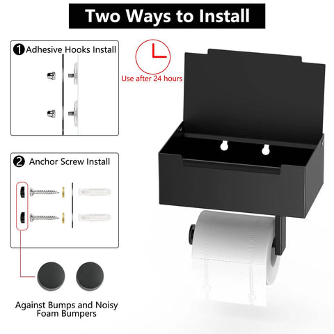 Installation options for Matte Black Stainless Steel Toilet Paper Holder With Shelf And Wipes Dispenser for Bathroom Wall Mount.