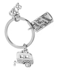 Travel Themed Zinc Alloy Keychain For Adventurers And RV Lovers Rugged Silver Key Ring with trailer charm.