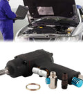 Heavy Duty 3/8 Inch Pneumatic Impact Wrench With Forward Reverse Toggle Slick Compact Build For Tight Squeeze Auto Work And High Torque No Sweat Mechanic Upgrade, angled view with fittings.