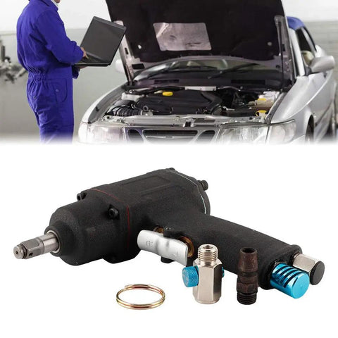 Heavy Duty 3/8 Inch Pneumatic Impact Wrench With Forward Reverse Toggle Slick Compact Build For Tight Squeeze Auto Work And High Torque No Sweat Mechanic Upgrade, angled view with fittings.