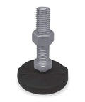 Heavy Duty Leveling Mount With Nylon Stud Base And Universal 15 Degree Swivel For Equipment Vibration Control Antiskid Foot Pads with metallic bolt and black rubber base.
