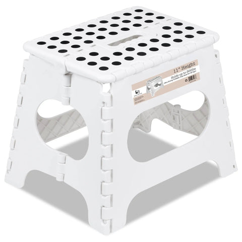 Ultra Sturdy Folding Step Stool 11 Inch Open In A Snap, Supports Up To 300 Lb, showing non-slip top and white design