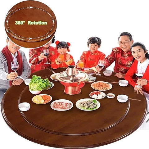 Heavy Duty Hardwood Lazy Susan Turntable Featuring Slick Spin Mechanics Zero Sweat Setup used at a dining table with family.