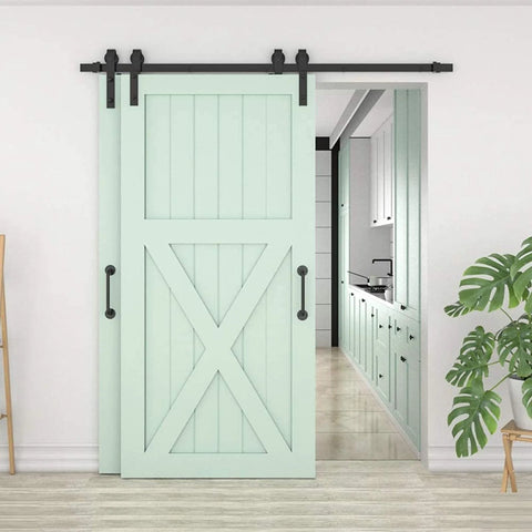 Heavy Duty Sliding Barn Door Track Hardware Kit With Ceiling Mount, Bypass System, rolling library ladder accessory visible