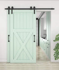 Heavy Duty Sliding Barn Door Track Hardware Kit For Double Wooden Doors Bypass Rail System with Rolling Library Ladder Kit installed