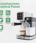 Semi Automatic Espresso Machine With Colorful Touchscreen And Sleek Stainless Steel Body showing touchscreen control panel and milk frother.