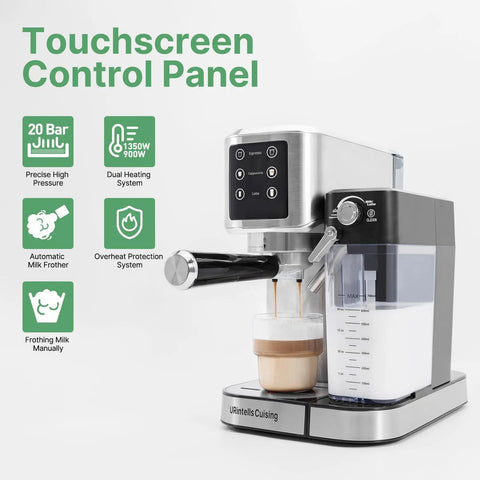 Semi Automatic Espresso Machine With Colorful Touchscreen And Sleek Stainless Steel Body showing touchscreen control panel and milk frother.